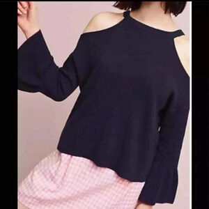 Anthropologie Knitted & Knotted Open Shoulder Bell Sleeve Cotton Sweater…